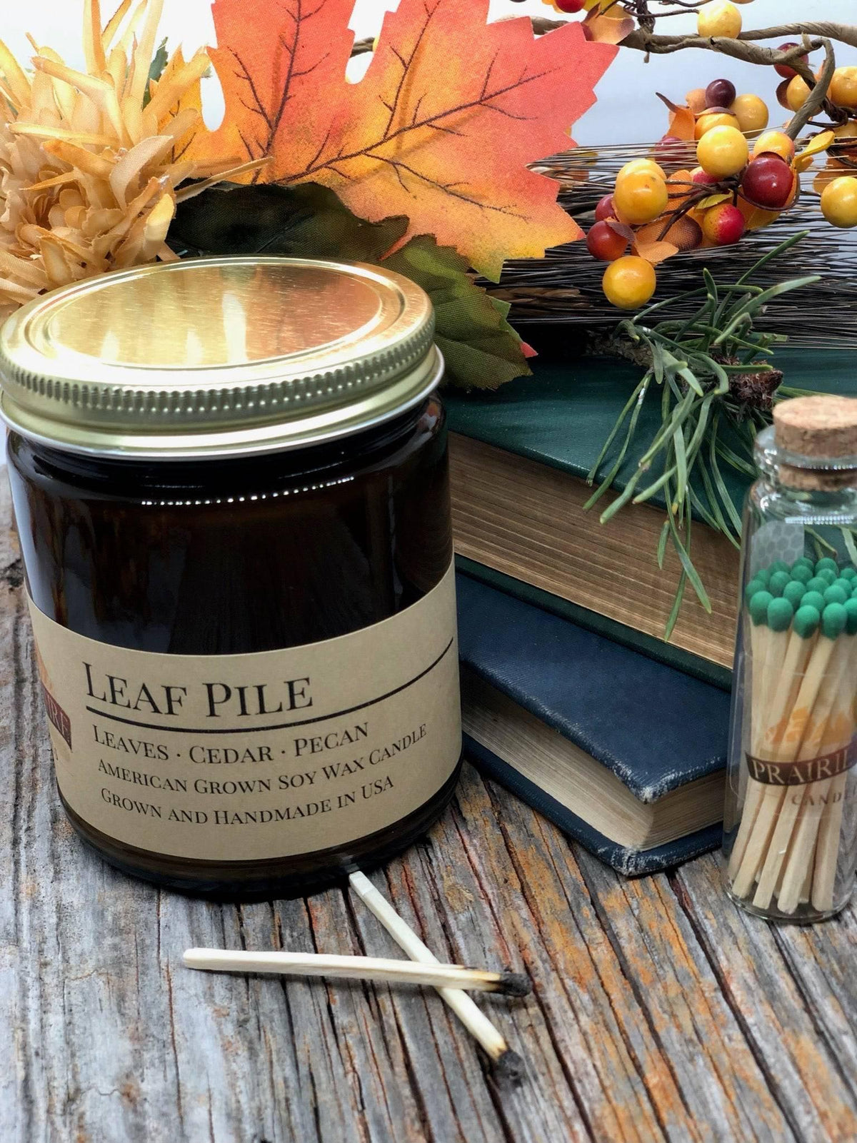 PRAIRIE FIRE Leaf Pile Soy Wax Candle | 9 oz Amber Apothecary Jar