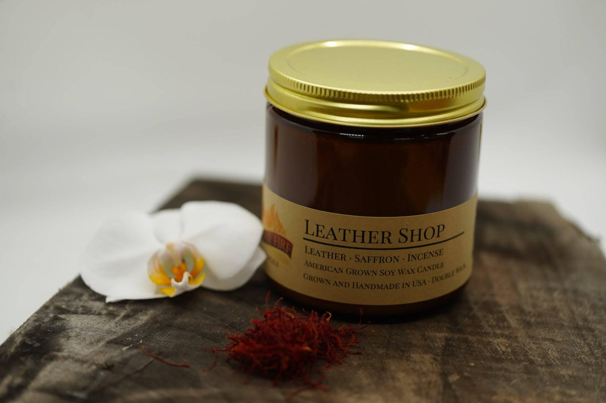 PRAIRIE FIRE Leather Shop Soy Wax Candle | 16 oz Double Wick Amber Apothecary Jar