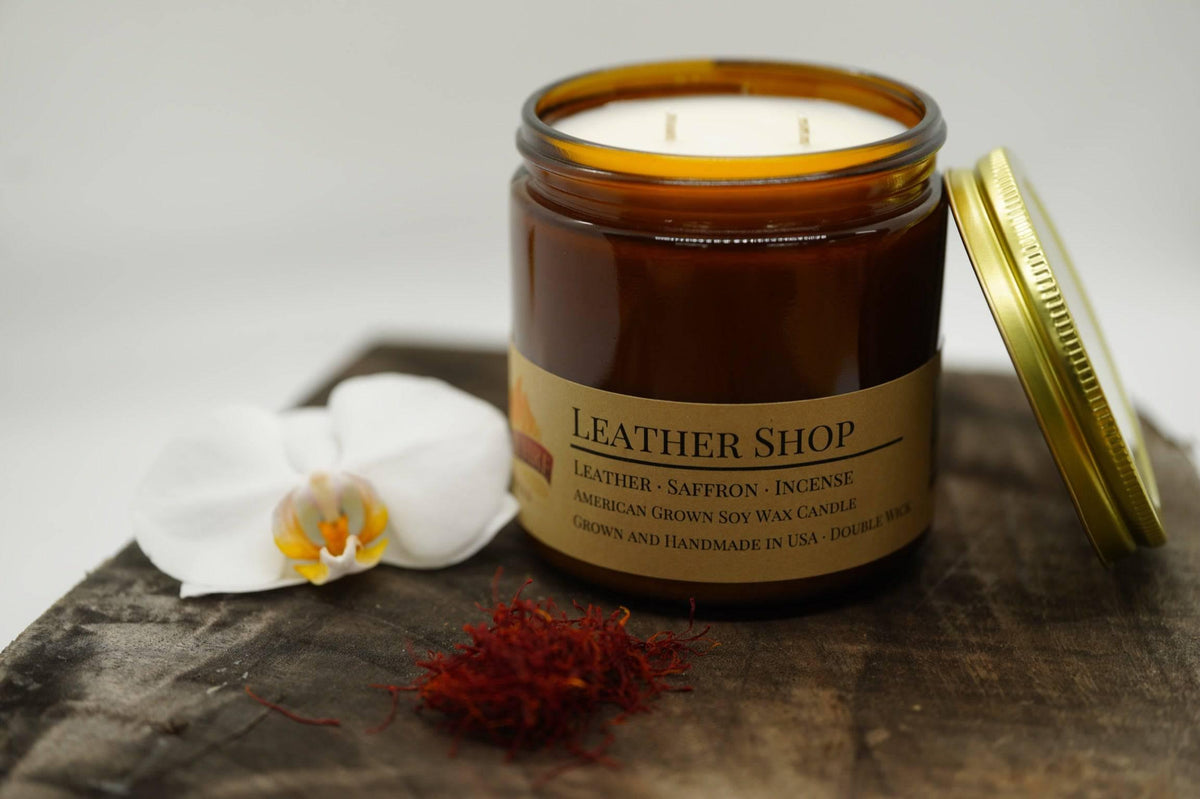 PRAIRIE FIRE Leather Shop Soy Wax Candle | 16 oz Double Wick Amber Apothecary Jar