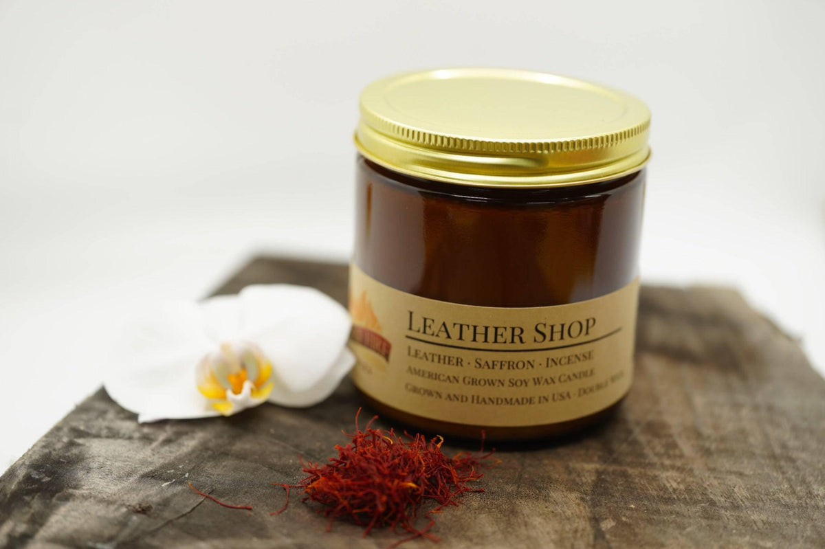 PRAIRIE FIRE Leather Shop Soy Wax Candle | 16 oz Double Wick Amber Apothecary Jar