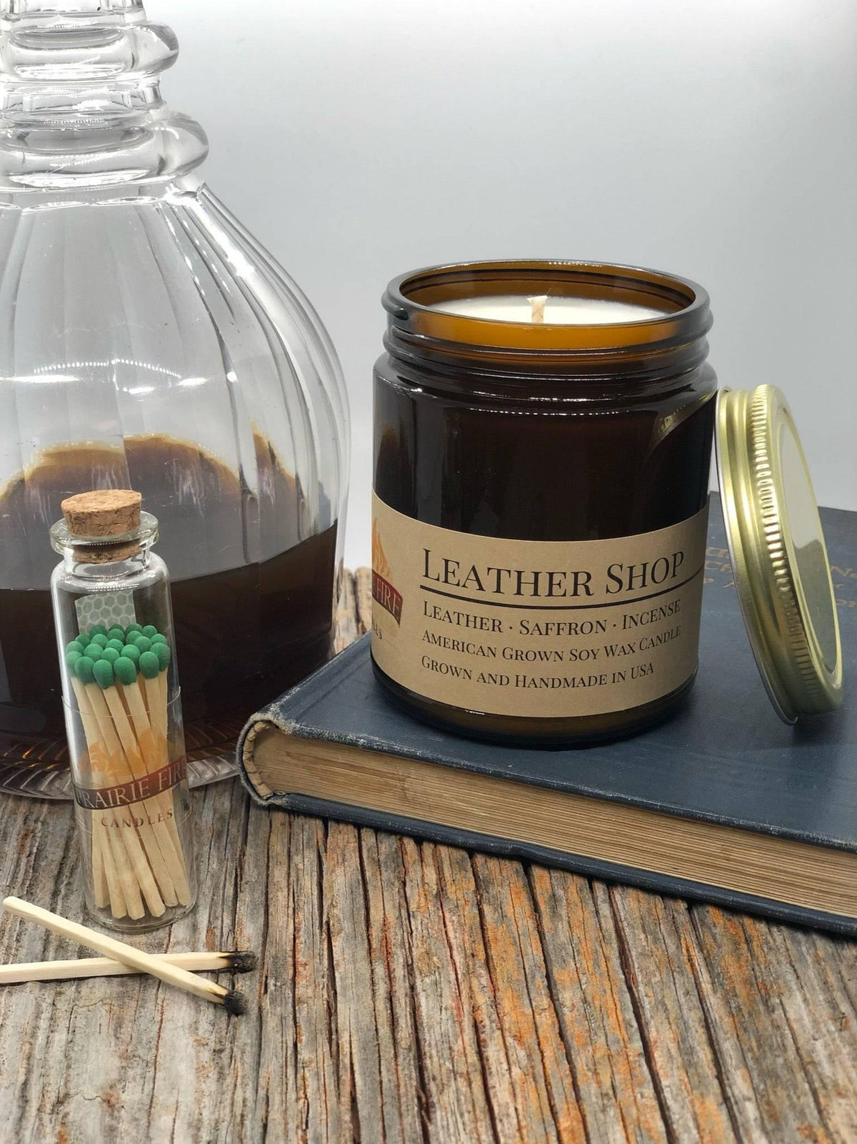 PRAIRIE FIRE Leather Shop Soy Wax Candle | 9 oz Amber Apothecary Jar