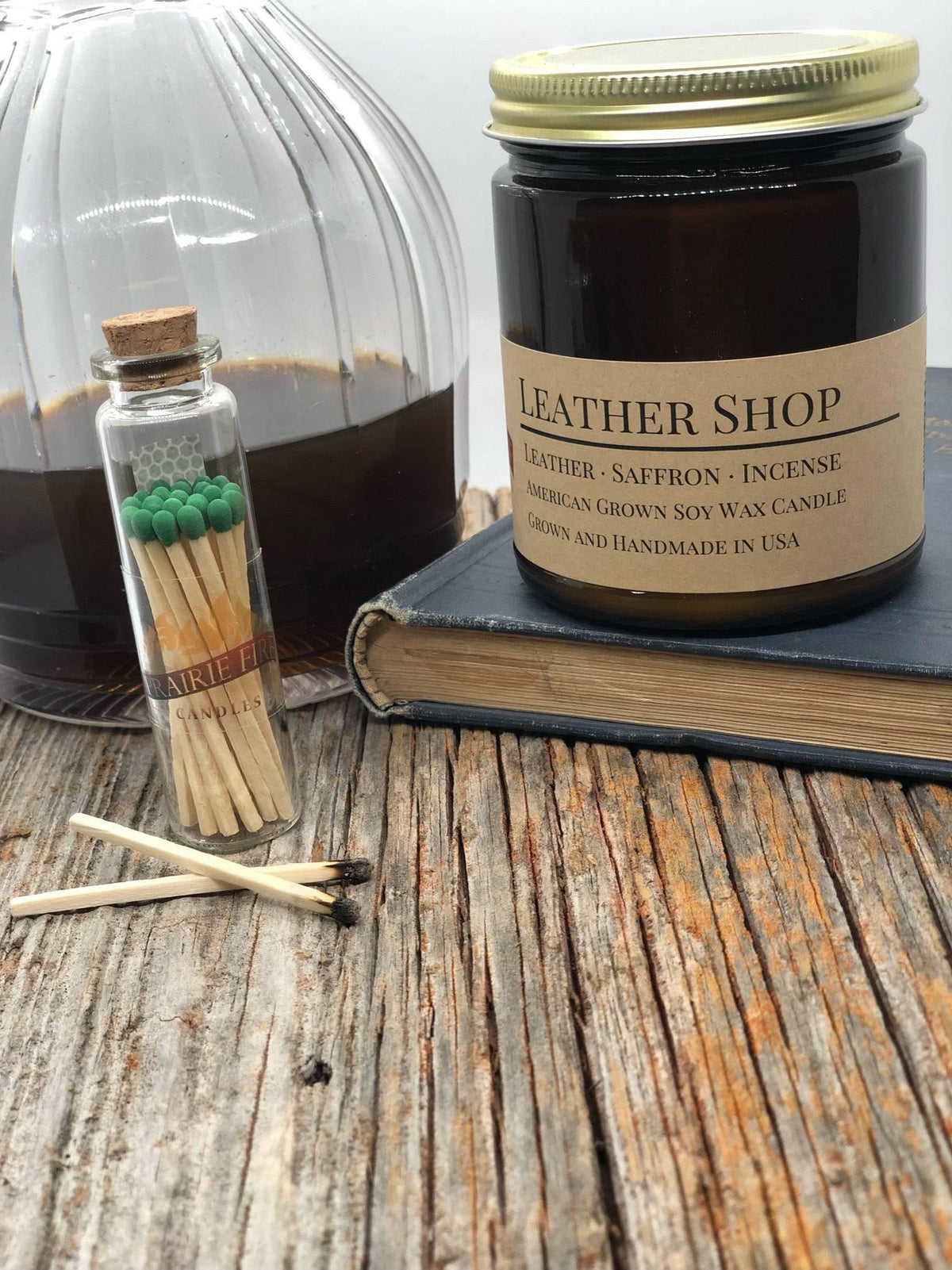 PRAIRIE FIRE Leather Shop Soy Wax Candle | 9 oz Amber Apothecary Jar