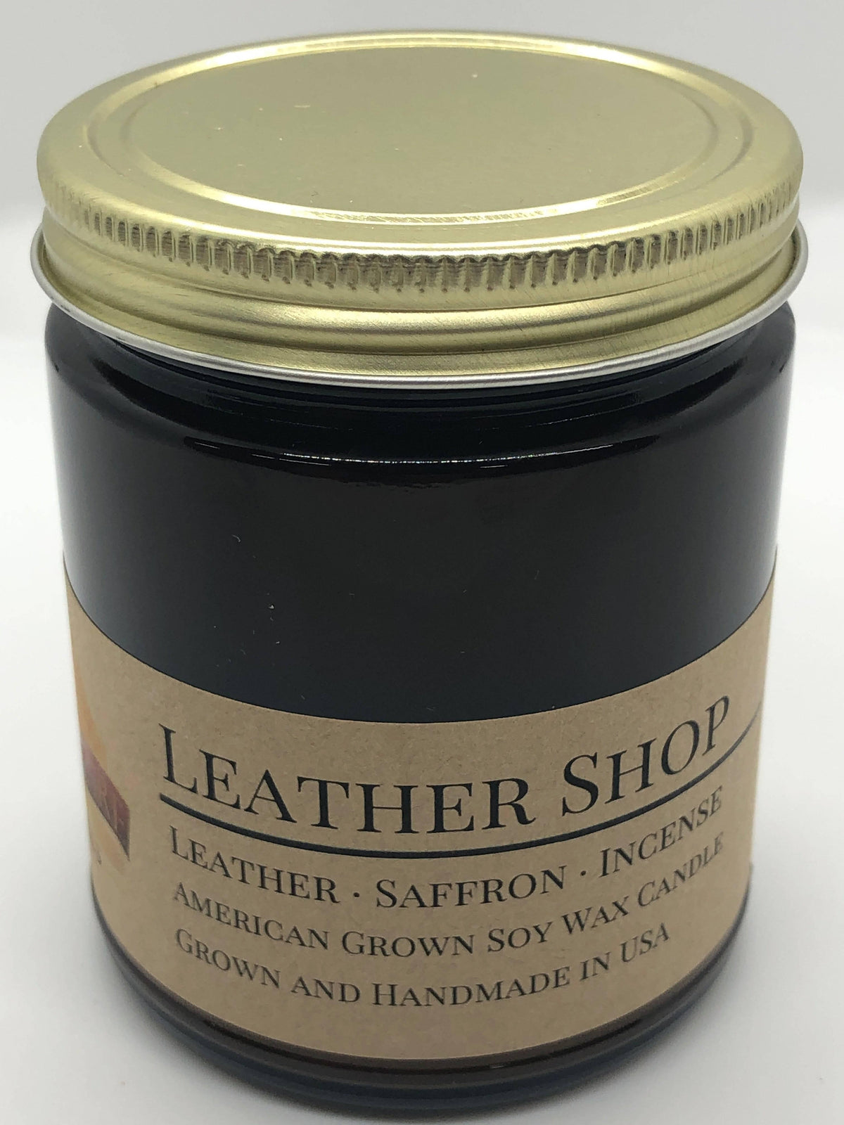 PRAIRIE FIRE Leather Shop Soy Wax Candle | 9 oz Amber Apothecary Jar