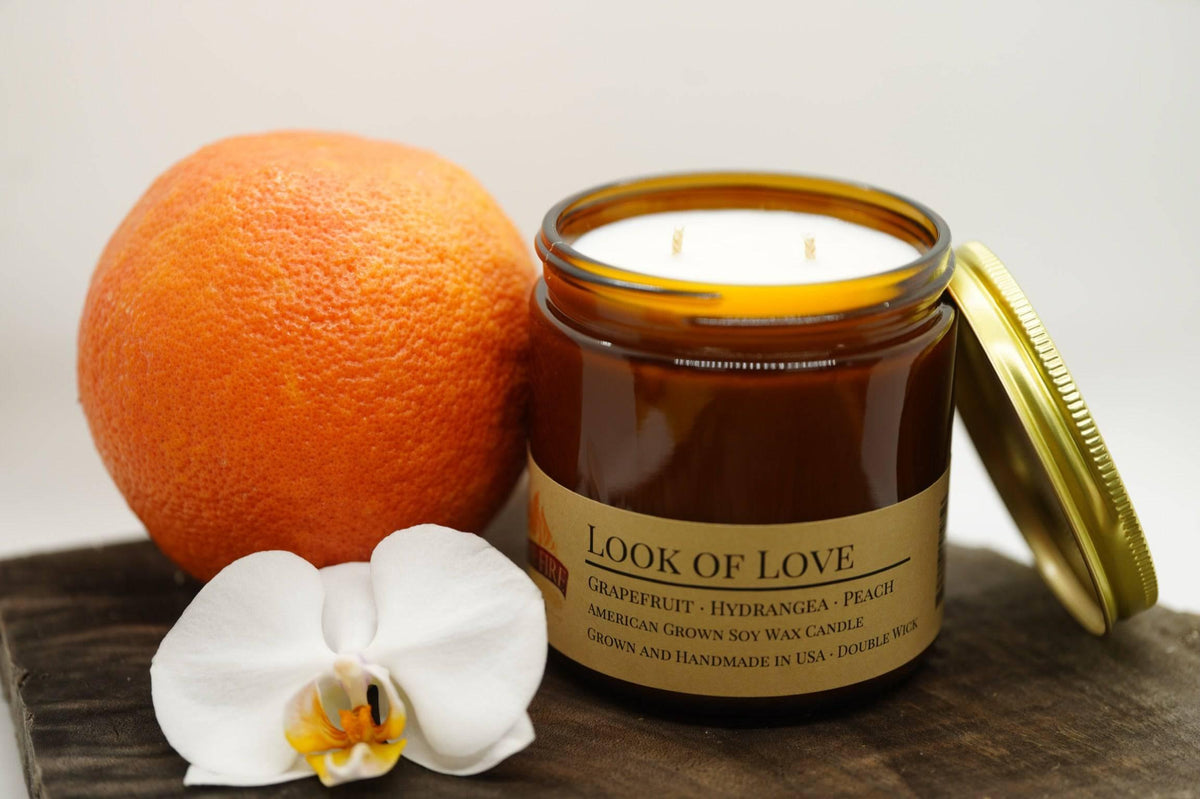 PRAIRIE FIRE Look of Love Soy Wax Candle | 16 oz Double Wick Amber Apothecary Jar