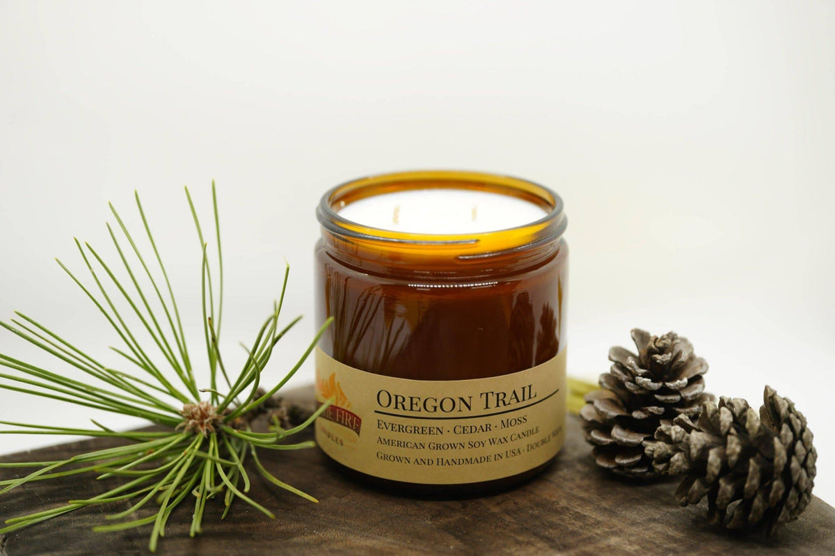 PRAIRIE FIRE Oregon Trail Soy Wax Candle | 16 oz Double Wick Amber Apothecary Jar
