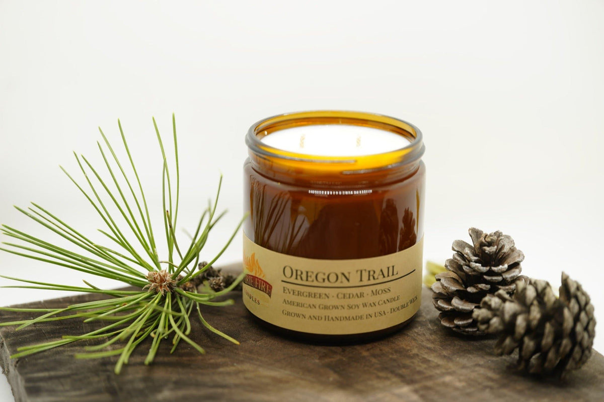 PRAIRIE FIRE Oregon Trail Soy Wax Candle | 16 oz Double Wick Amber Apothecary Jar