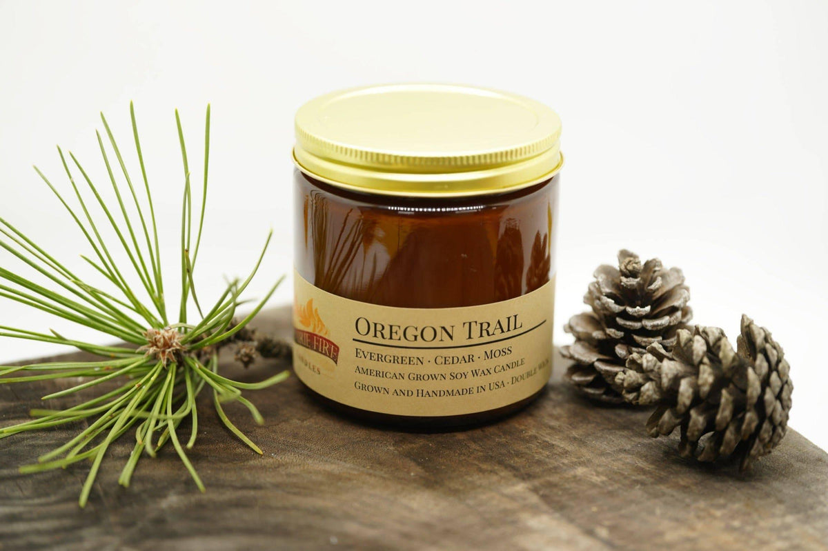 PRAIRIE FIRE Oregon Trail Soy Wax Candle | 16 oz Double Wick Amber Apothecary Jar