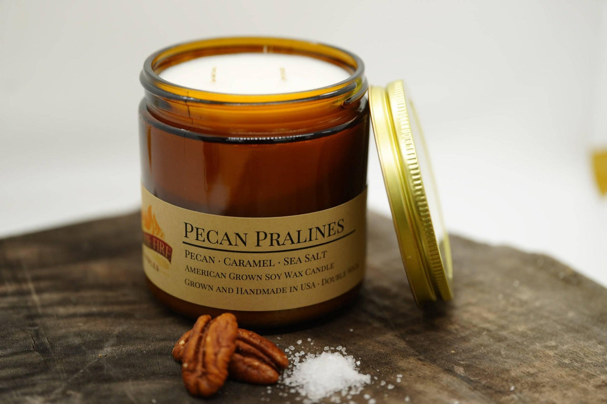 PRAIRIE FIRE Pecan Pralines Soy Wax Candle | 16 oz Double Wick Amber Apothecary Jar