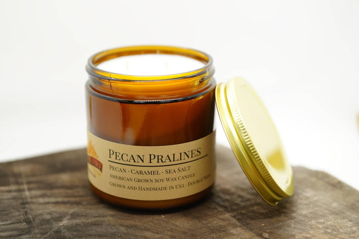 PRAIRIE FIRE Pecan Pralines Soy Wax Candle | 16 oz Double Wick Amber Apothecary Jar