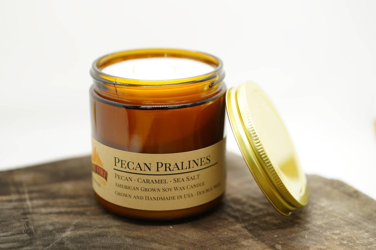 PRAIRIE FIRE Pecan Pralines Soy Wax Candle | 16 oz Double Wick Amber Apothecary Jar