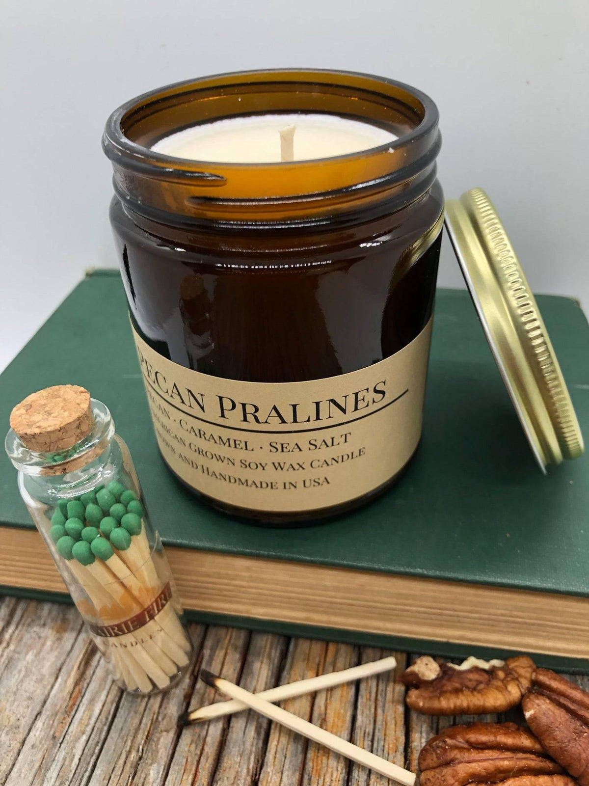 PRAIRIE FIRE Pecan Pralines Soy Wax Candle | 9 oz Amber Apothecary Jar