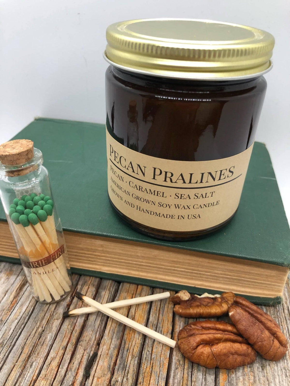 PRAIRIE FIRE Pecan Pralines Soy Wax Candle | 9 oz Amber Apothecary Jar