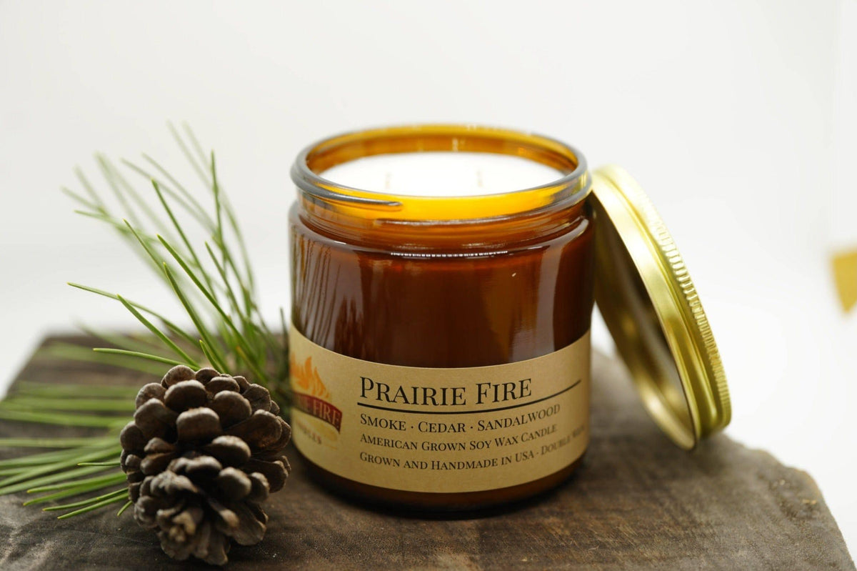 PRAIRIE FIRE Prairie Fire Soy Wax Candle | 16 oz Double Wick Amber Apothecary Jar