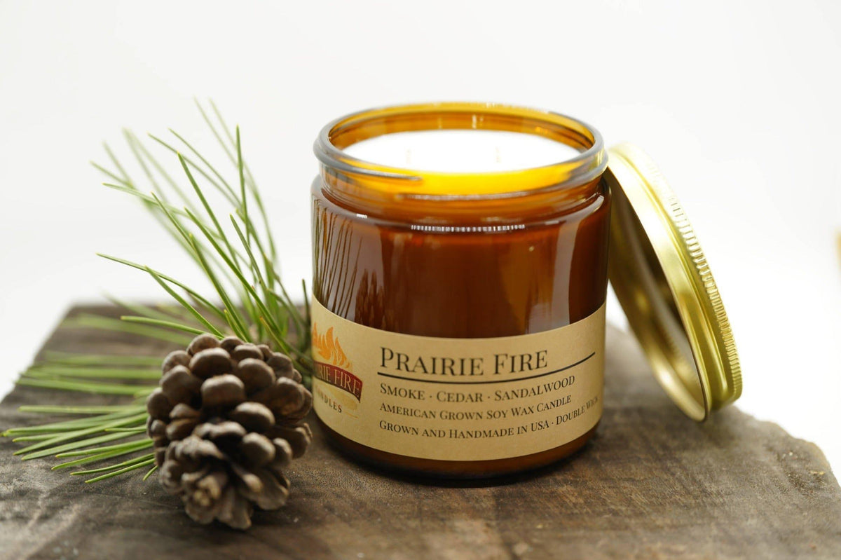 PRAIRIE FIRE Prairie Fire Soy Wax Candle | 16 oz Double Wick Amber Apothecary Jar