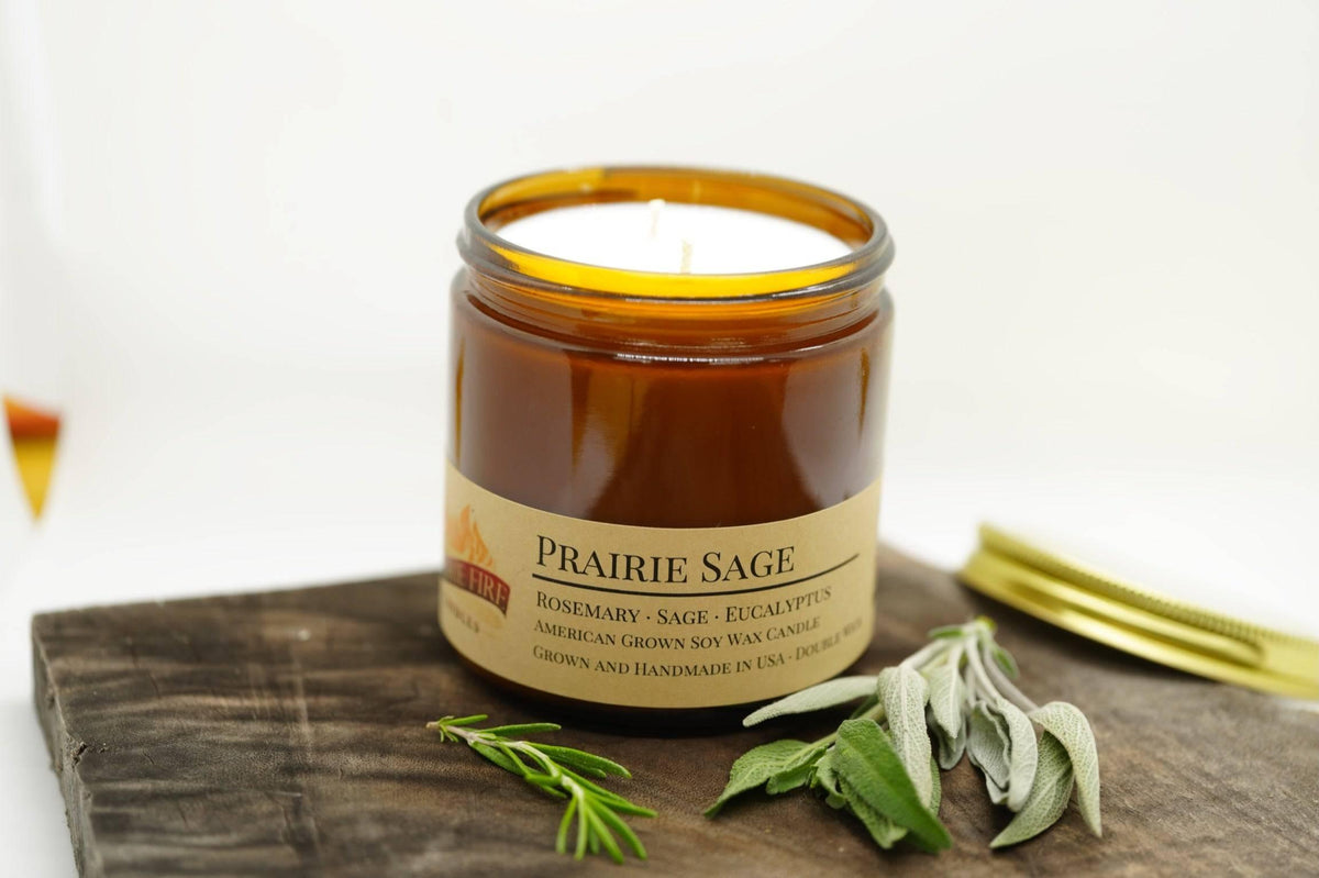 PRAIRIE FIRE Prairie Sage Soy Wax Candle | 16 oz Double Wick Amber Apothecary Jar