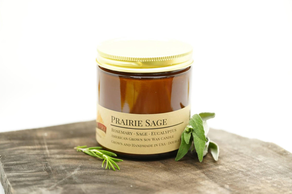 PRAIRIE FIRE Prairie Sage Soy Wax Candle | 16 oz Double Wick Amber Apothecary Jar