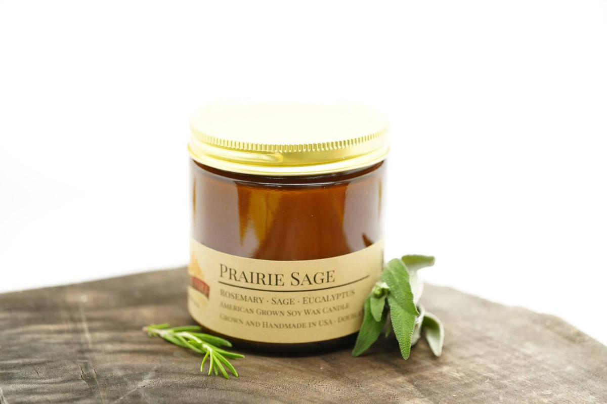 PRAIRIE FIRE Prairie Sage Soy Wax Candle | 16 oz Double Wick Amber Apothecary Jar