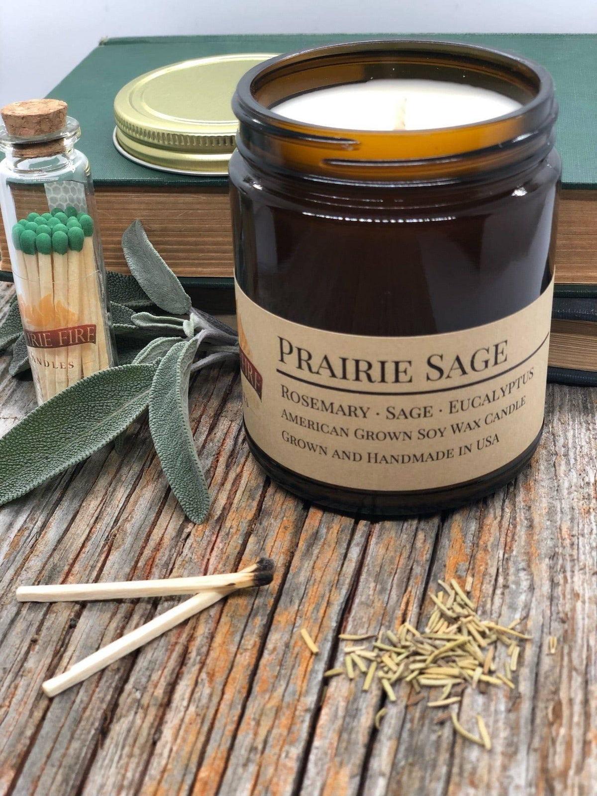 PRAIRIE FIRE Prairie Sage Soy Wax Candle | 9 oz Amber Apothecary Jar