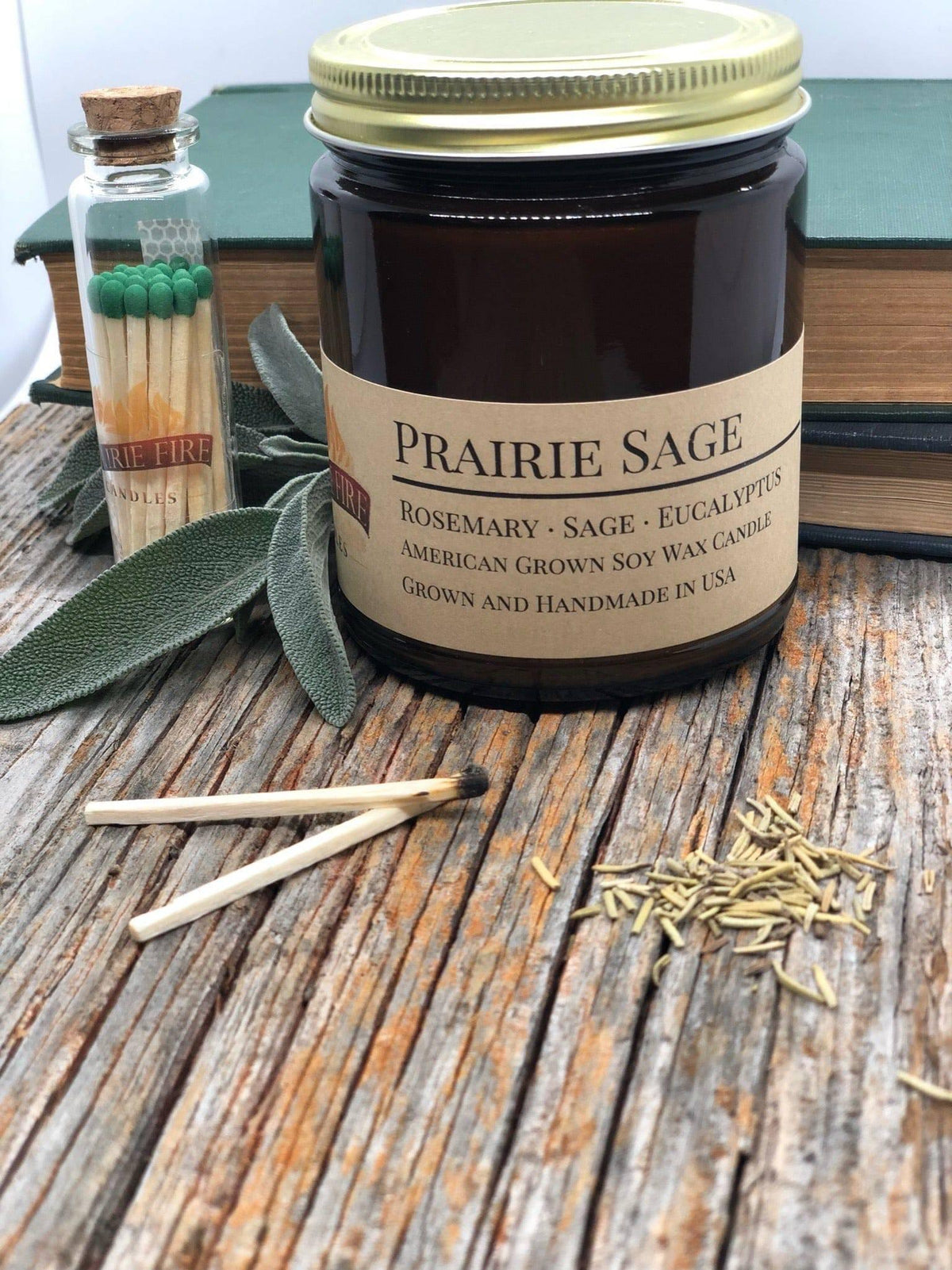PRAIRIE FIRE Prairie Sage Soy Wax Candle | 9 oz Amber Apothecary Jar