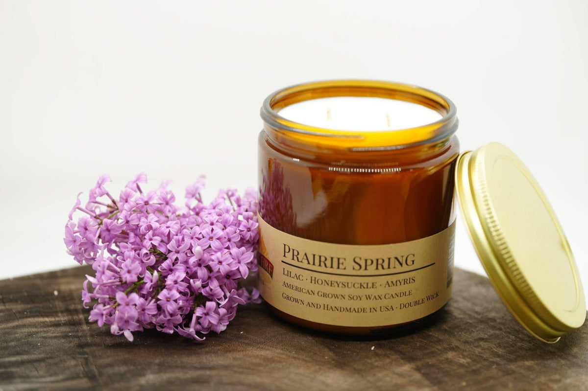 PRAIRIE FIRE Prairie Spring Soy Wax Candle | 16 oz Double Wick Amber Apothecary Jar