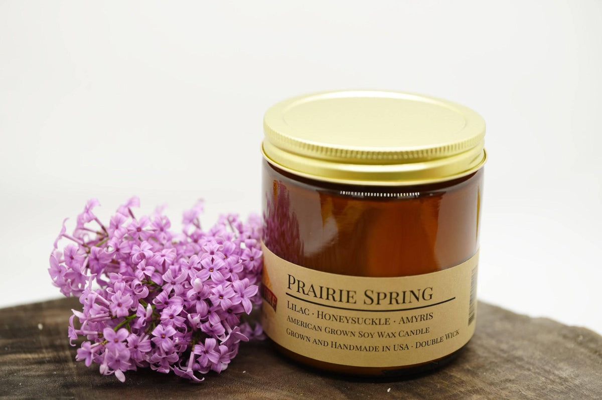 PRAIRIE FIRE Prairie Spring Soy Wax Candle | 16 oz Double Wick Amber Apothecary Jar