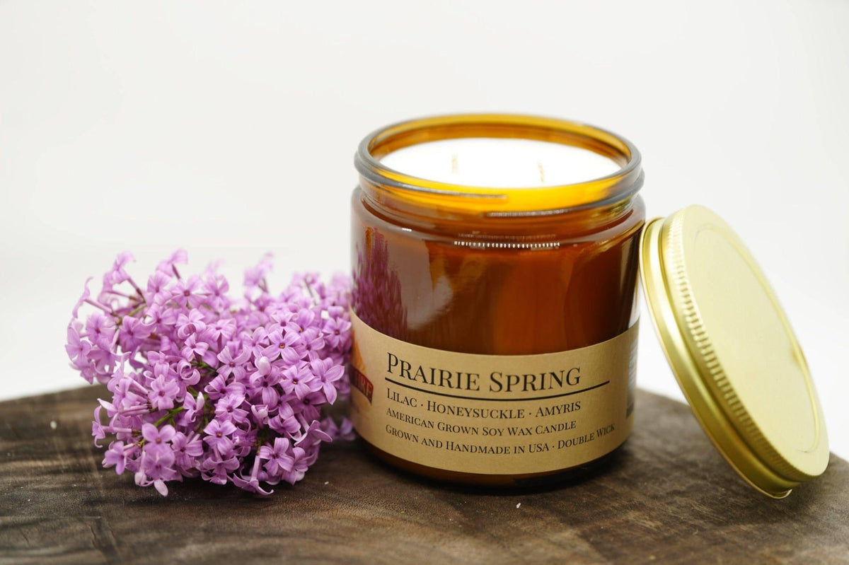 PRAIRIE FIRE Prairie Spring Soy Wax Candle | 16 oz Double Wick Amber Apothecary Jar