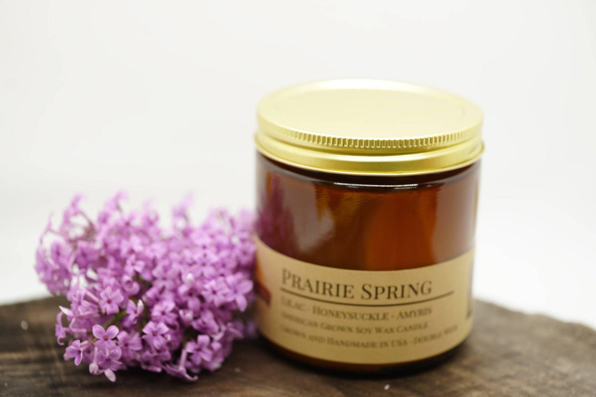 PRAIRIE FIRE Prairie Spring Soy Wax Candle | 16 oz Double Wick Amber Apothecary Jar