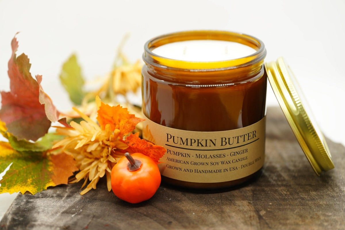 PRAIRIE FIRE Pumpkin Butter Soy Wax Candle | 16 oz Double Wick Amber Apothecary Jar