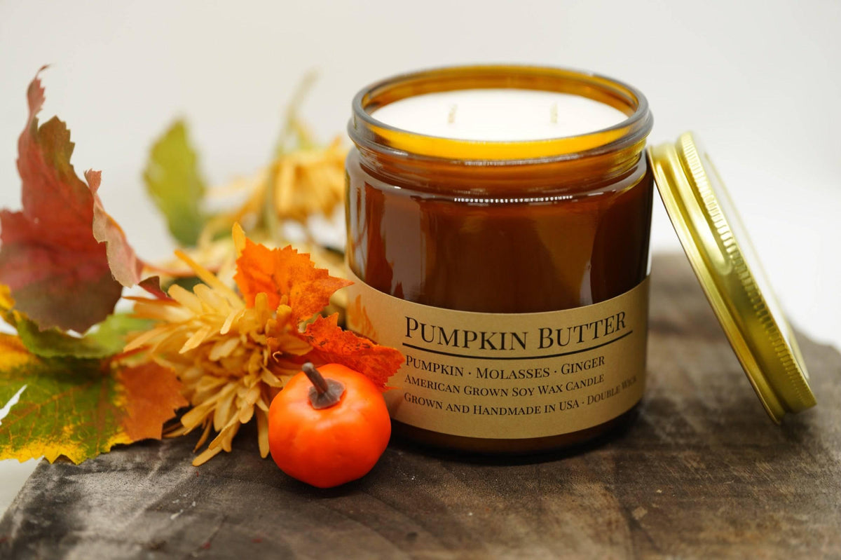 PRAIRIE FIRE Pumpkin Butter Soy Wax Candle | 16 oz Double Wick Amber Apothecary Jar