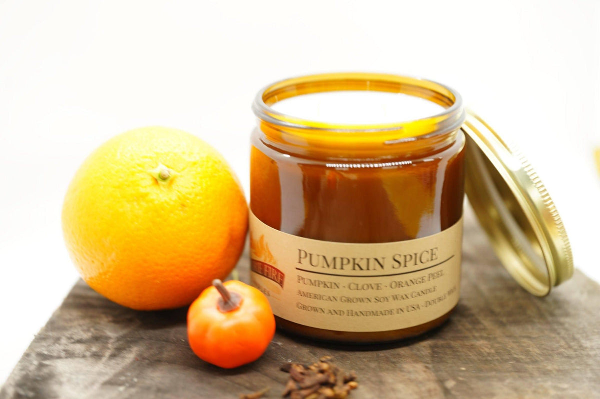 PRAIRIE FIRE Pumpkin Spice Soy Wax Candle | 16 oz Double Wick Amber Apothecary Jar
