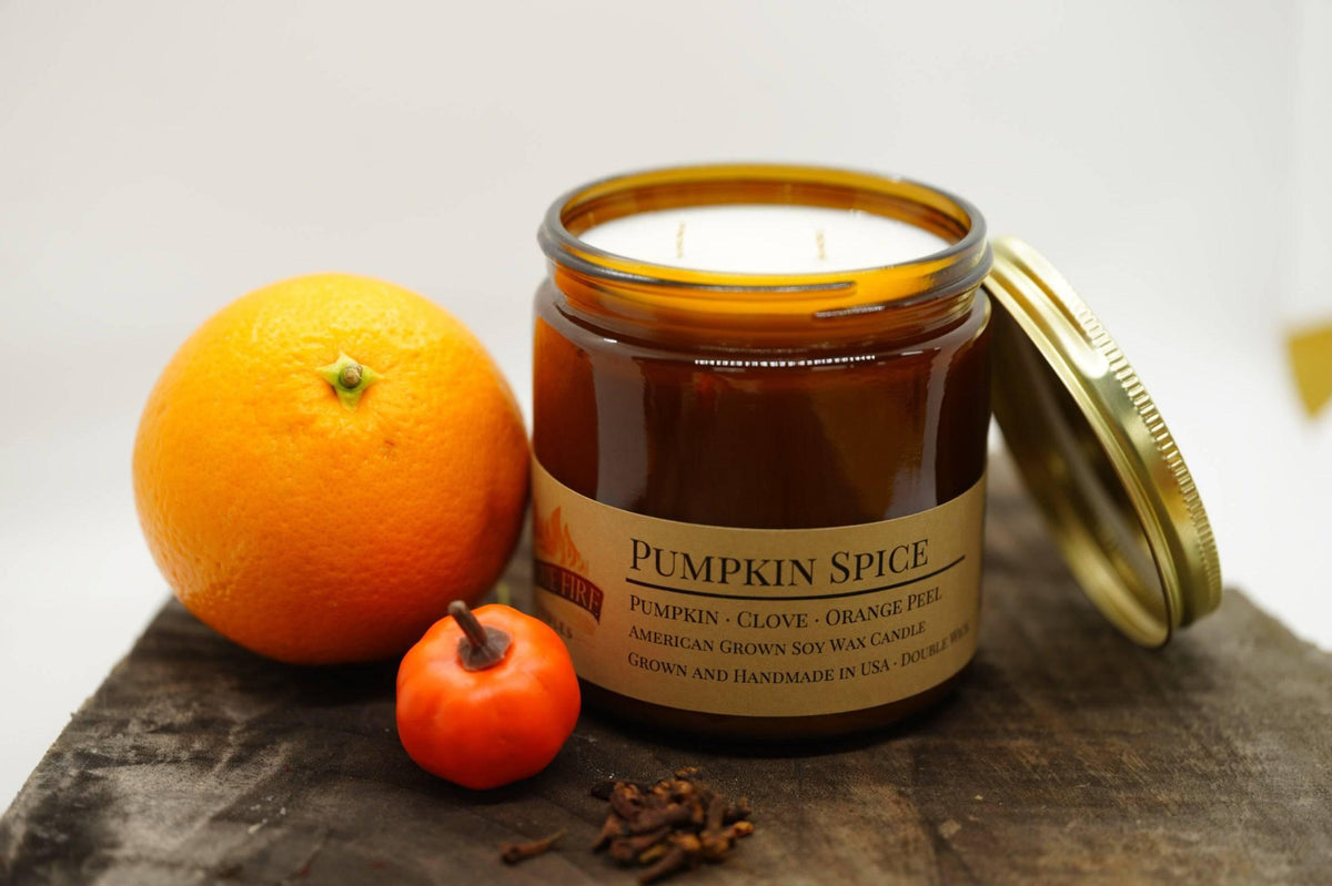 PRAIRIE FIRE Pumpkin Spice Soy Wax Candle | 16 oz Double Wick Amber Apothecary Jar