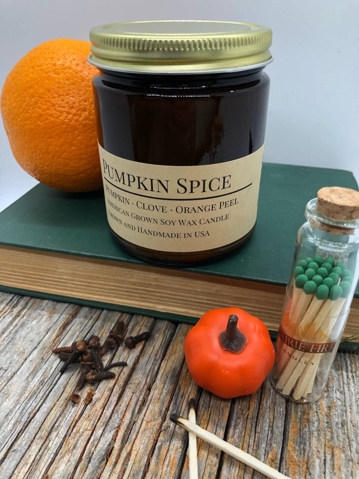 PRAIRIE FIRE Pumpkin Spice Soy Wax Candle | 9 oz Amber Apothecary Jar