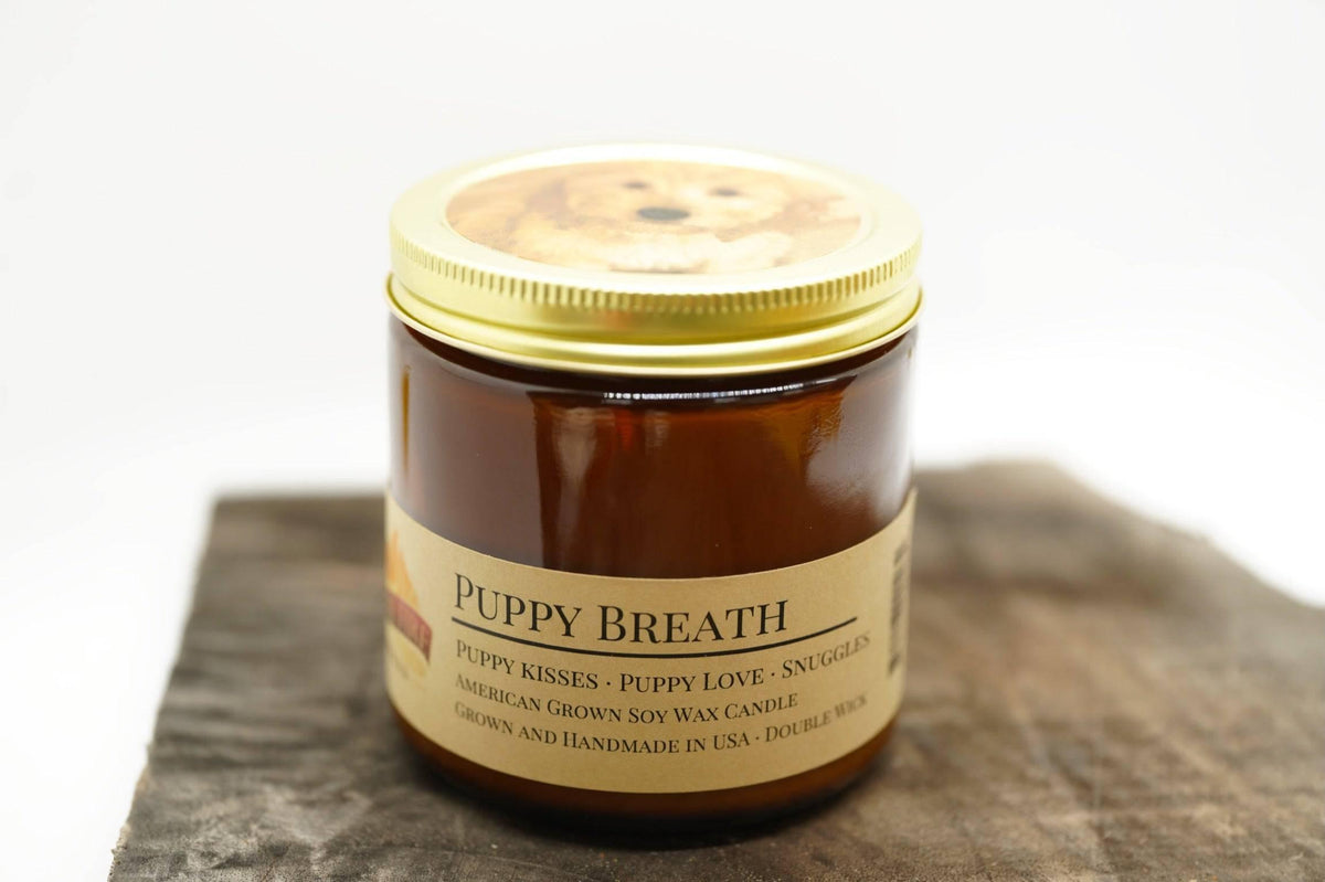 PRAIRIE FIRE Puppy Breath Soy Wax Candle | 16 oz Double Wick Amber Apothecary Jar