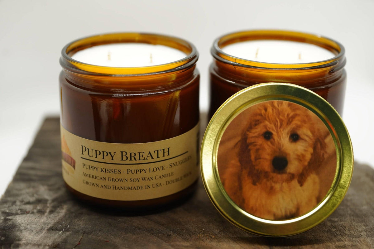 PRAIRIE FIRE Puppy Breath Soy Wax Candle | 16 oz Double Wick Amber Apothecary Jar