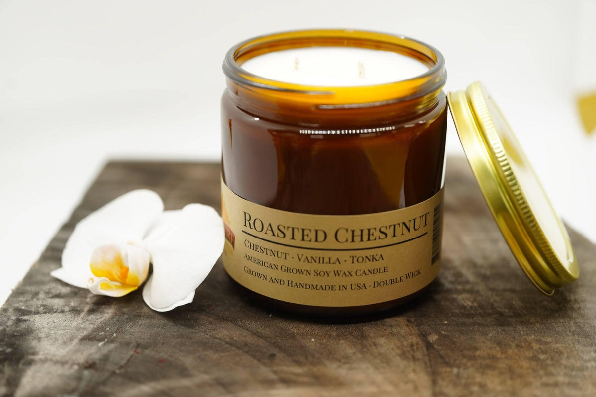 PRAIRIE FIRE Roasted Chestnut Soy Wax Candle | 16 oz Double Wick Amber Apothecary Jar