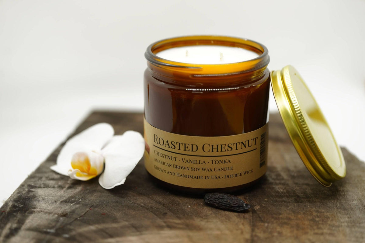PRAIRIE FIRE Roasted Chestnut Soy Wax Candle | 16 oz Double Wick Amber Apothecary Jar