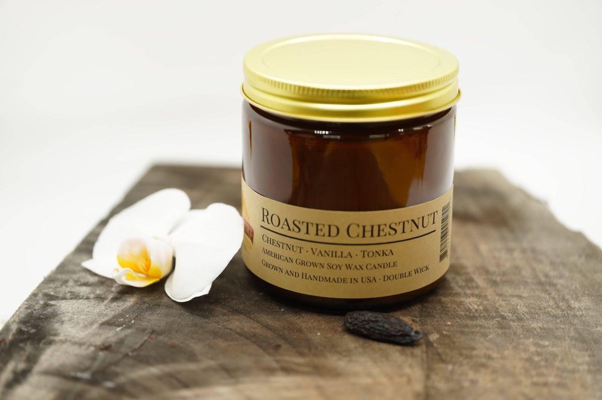 PRAIRIE FIRE Roasted Chestnut Soy Wax Candle | 16 oz Double Wick Amber Apothecary Jar