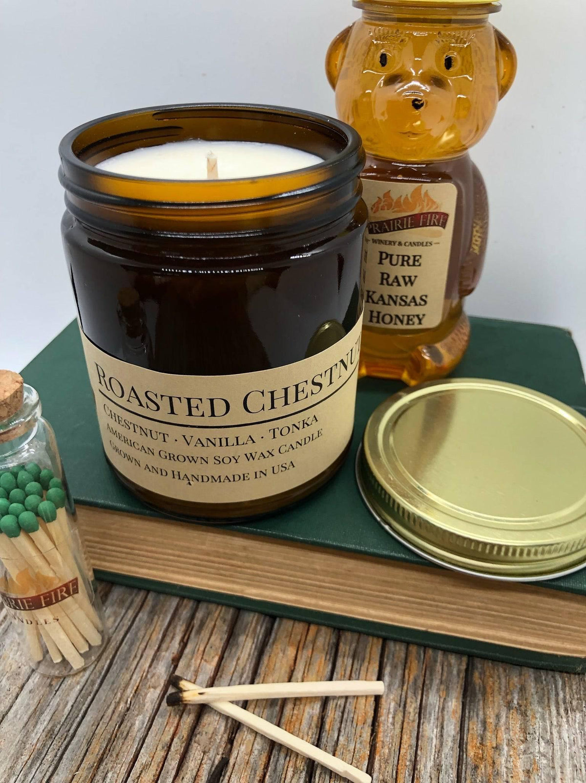 PRAIRIE FIRE Roasted Chestnut Soy Wax Candle | 9 oz Amber Apothecary Jar