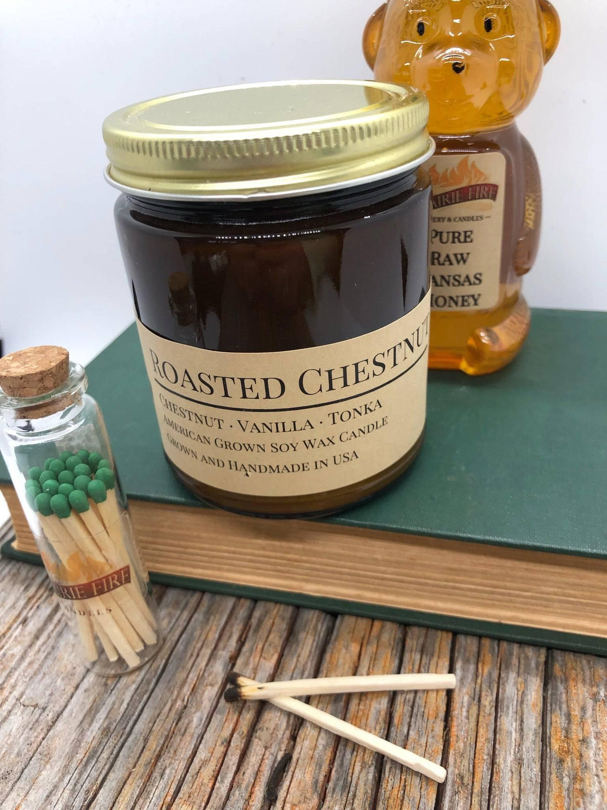 PRAIRIE FIRE Roasted Chestnut Soy Wax Candle | 9 oz Amber Apothecary Jar