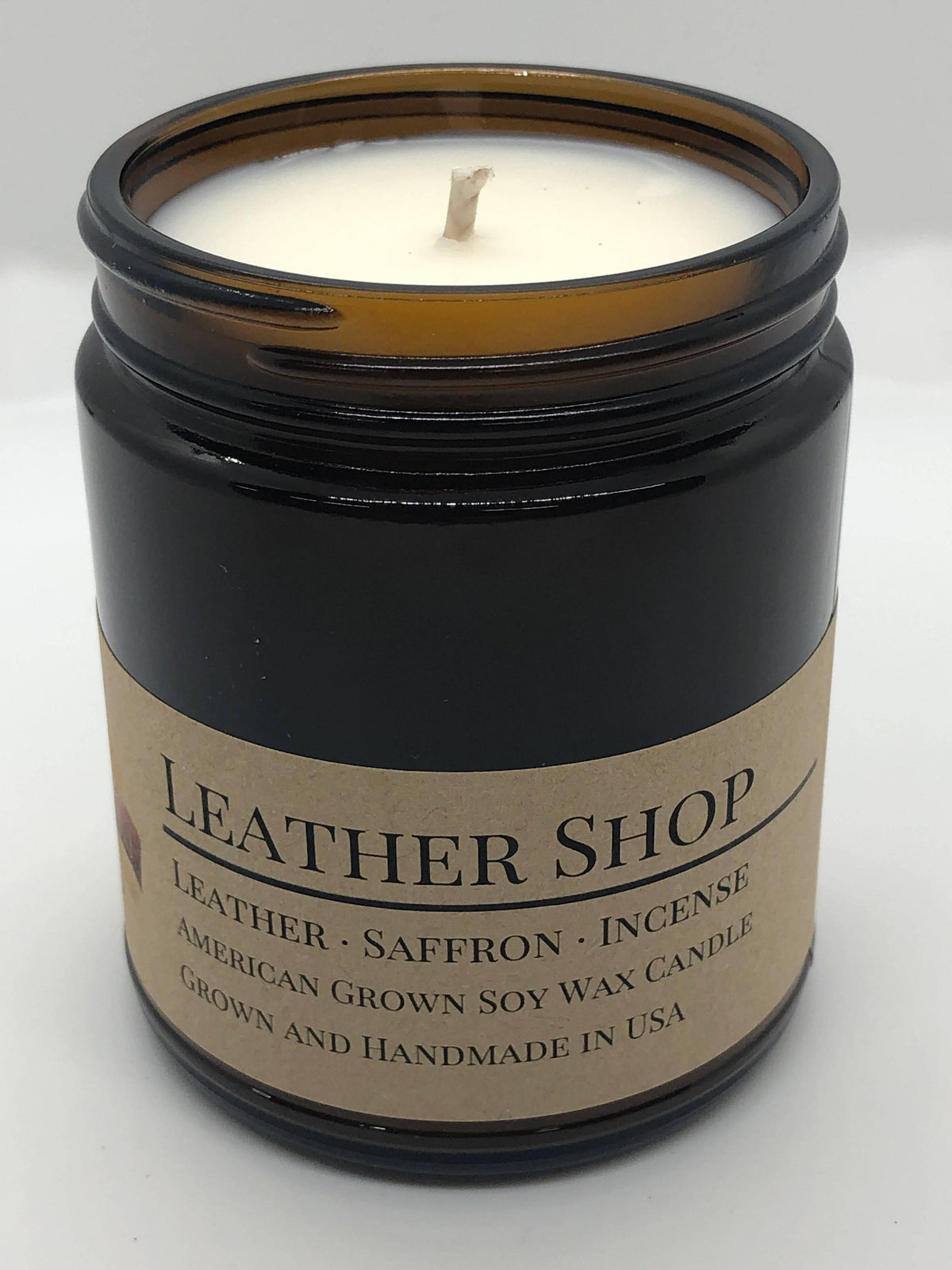 PRAIRIE FIRE Leather Shop Soy Wax Candle | 9 oz Amber Apothecary Jar