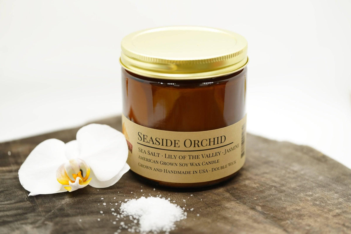 PRAIRIE FIRE Seaside Orchid Soy Wax Candle | 16 oz Double Wick Amber Apothecary Jar