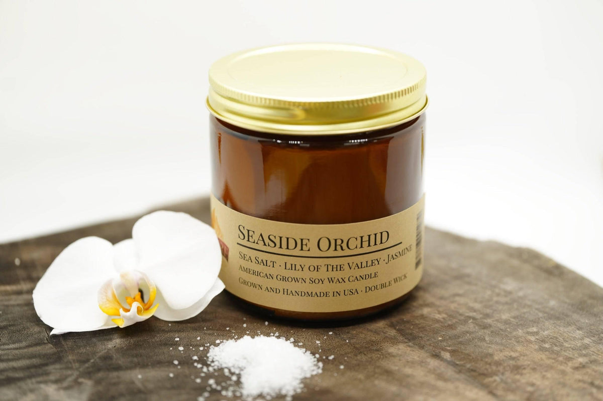 PRAIRIE FIRE Seaside Orchid Soy Wax Candle | 16 oz Double Wick Amber Apothecary Jar