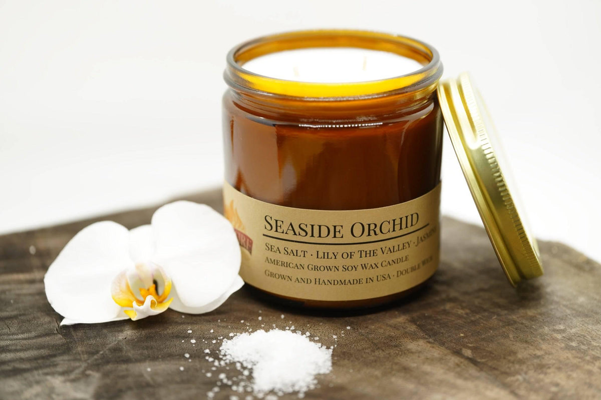 PRAIRIE FIRE Seaside Orchid Soy Wax Candle | 16 oz Double Wick Amber Apothecary Jar