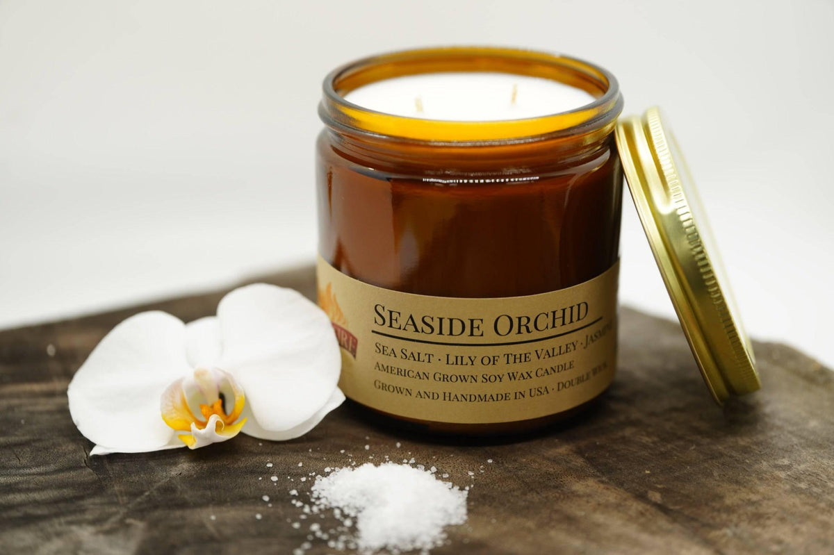 PRAIRIE FIRE Seaside Orchid Soy Wax Candle | 16 oz Double Wick Amber Apothecary Jar
