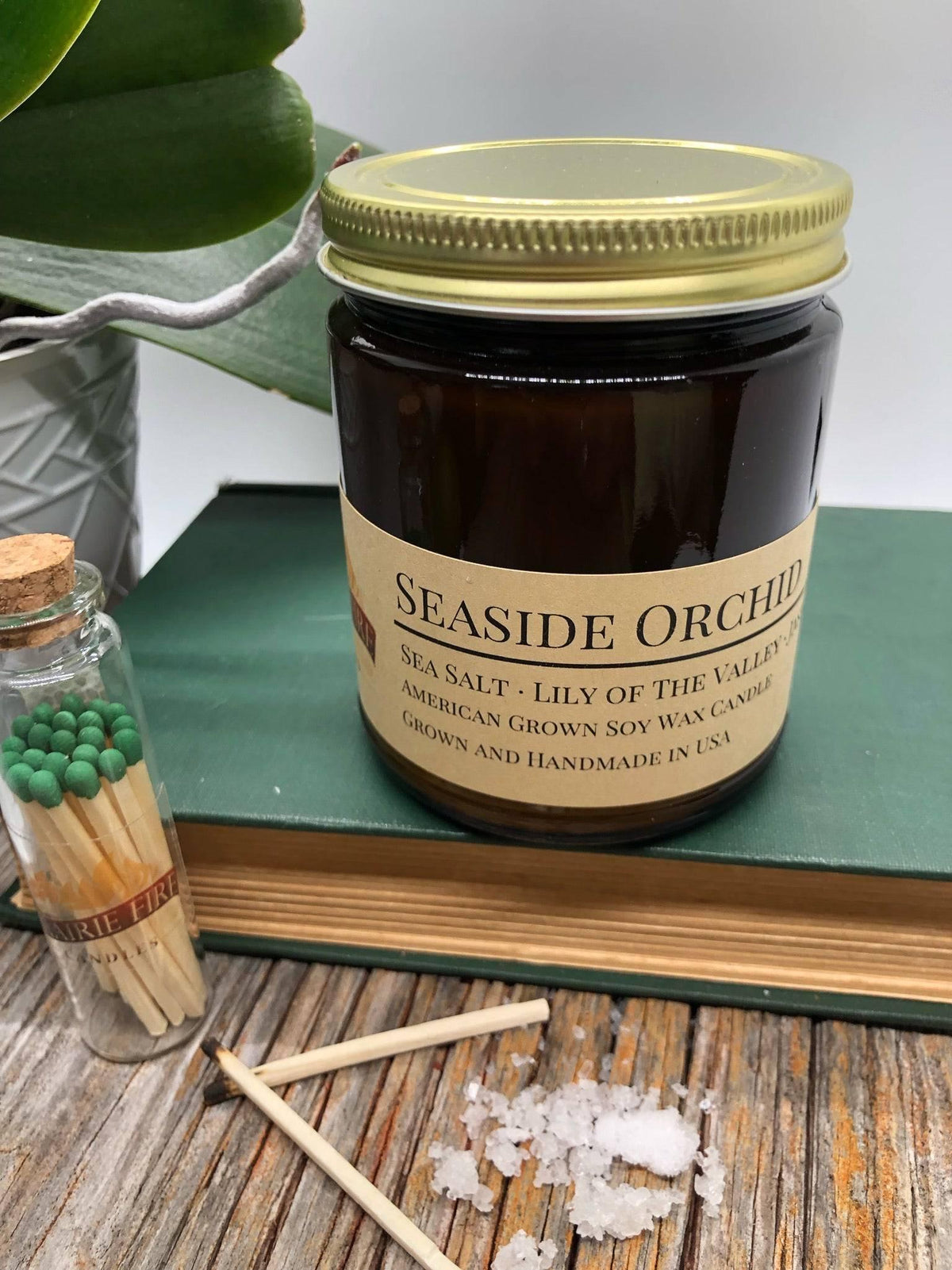 PRAIRIE FIRE Seaside Orchid Soy Wax Candle | 9 oz Amber Apothecary Jar