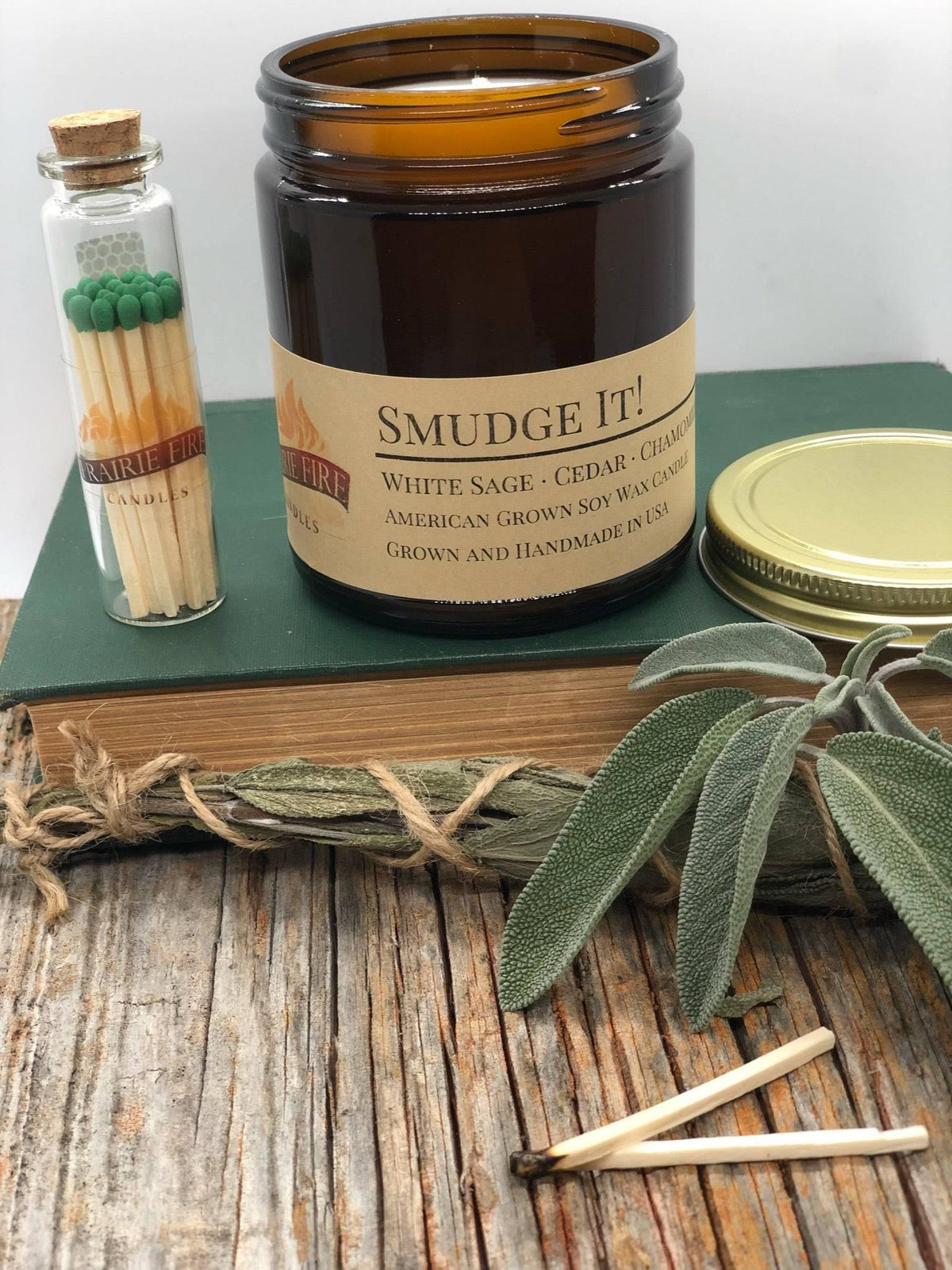 PRAIRIE FIRE Smudge It! Soy Wax Candle | 9 oz Amber Apothecary Jar