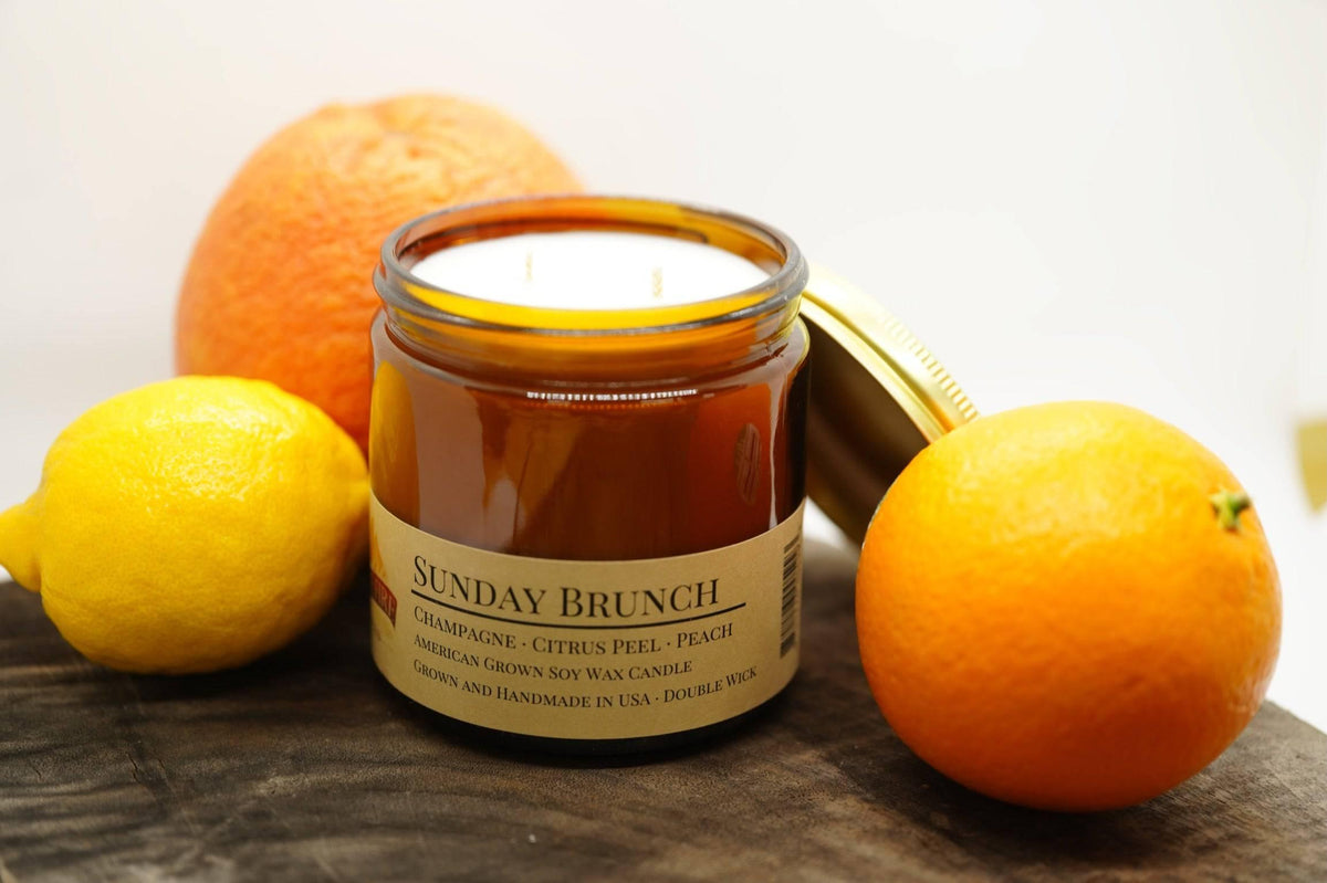 PRAIRIE FIRE Sunday Brunch Soy Wax Candle | 16 oz Double Wick Amber Apothecary Jar