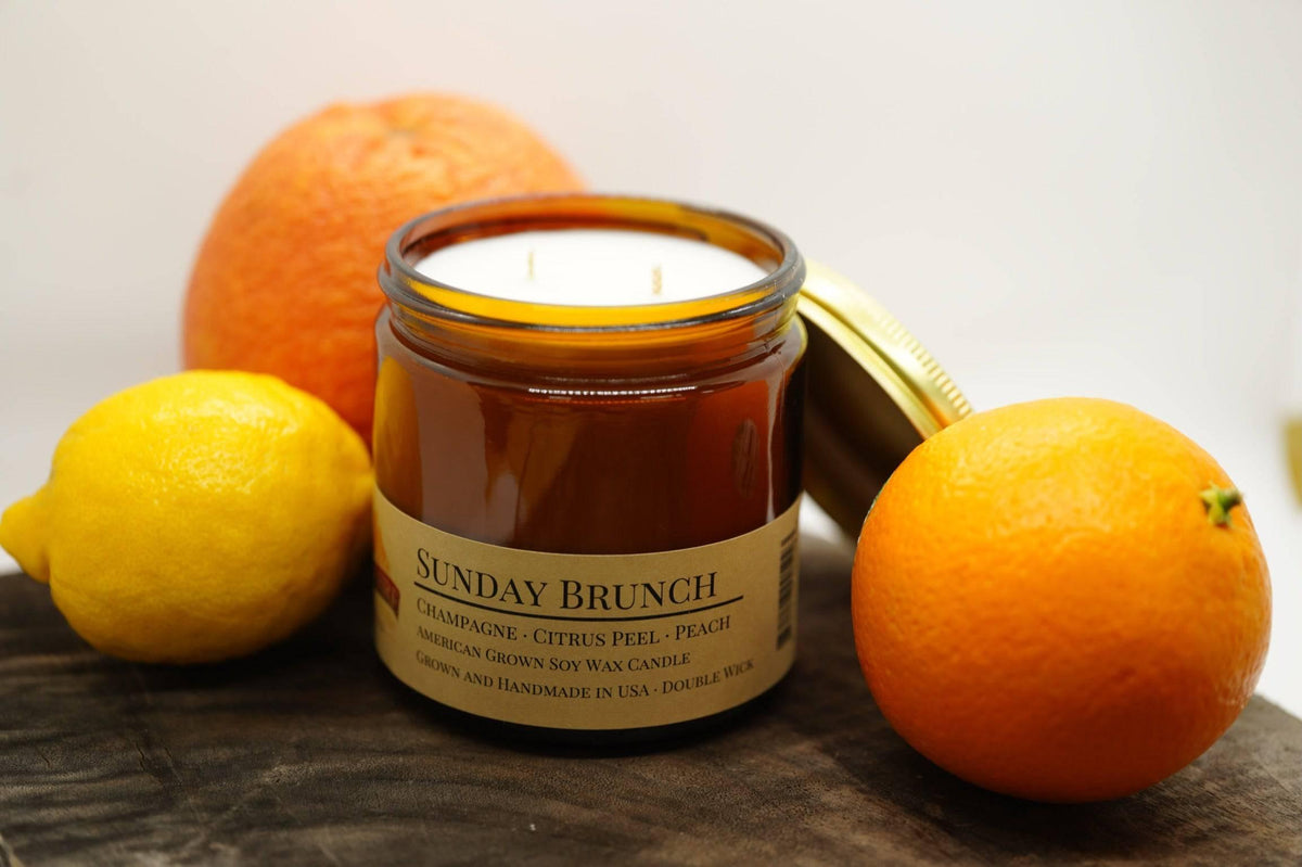 PRAIRIE FIRE Sunday Brunch Soy Wax Candle | 16 oz Double Wick Amber Apothecary Jar