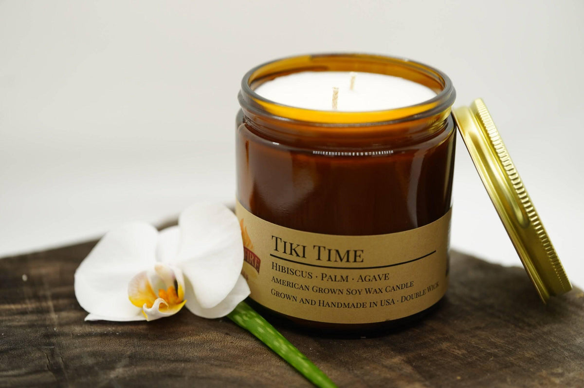 PRAIRIE FIRE Tiki Time Soy Wax Candle | 16 oz Double Wick Amber Apothecary Jar