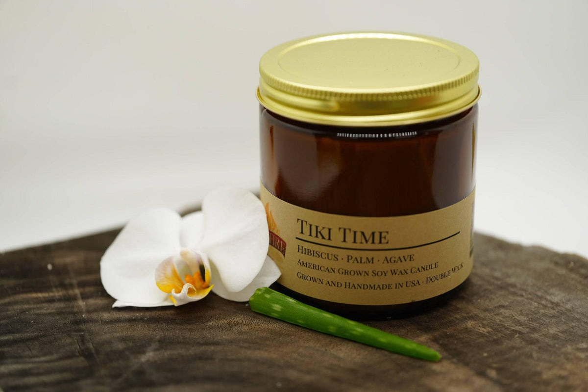 PRAIRIE FIRE Tiki Time Soy Wax Candle | 16 oz Double Wick Amber Apothecary Jar